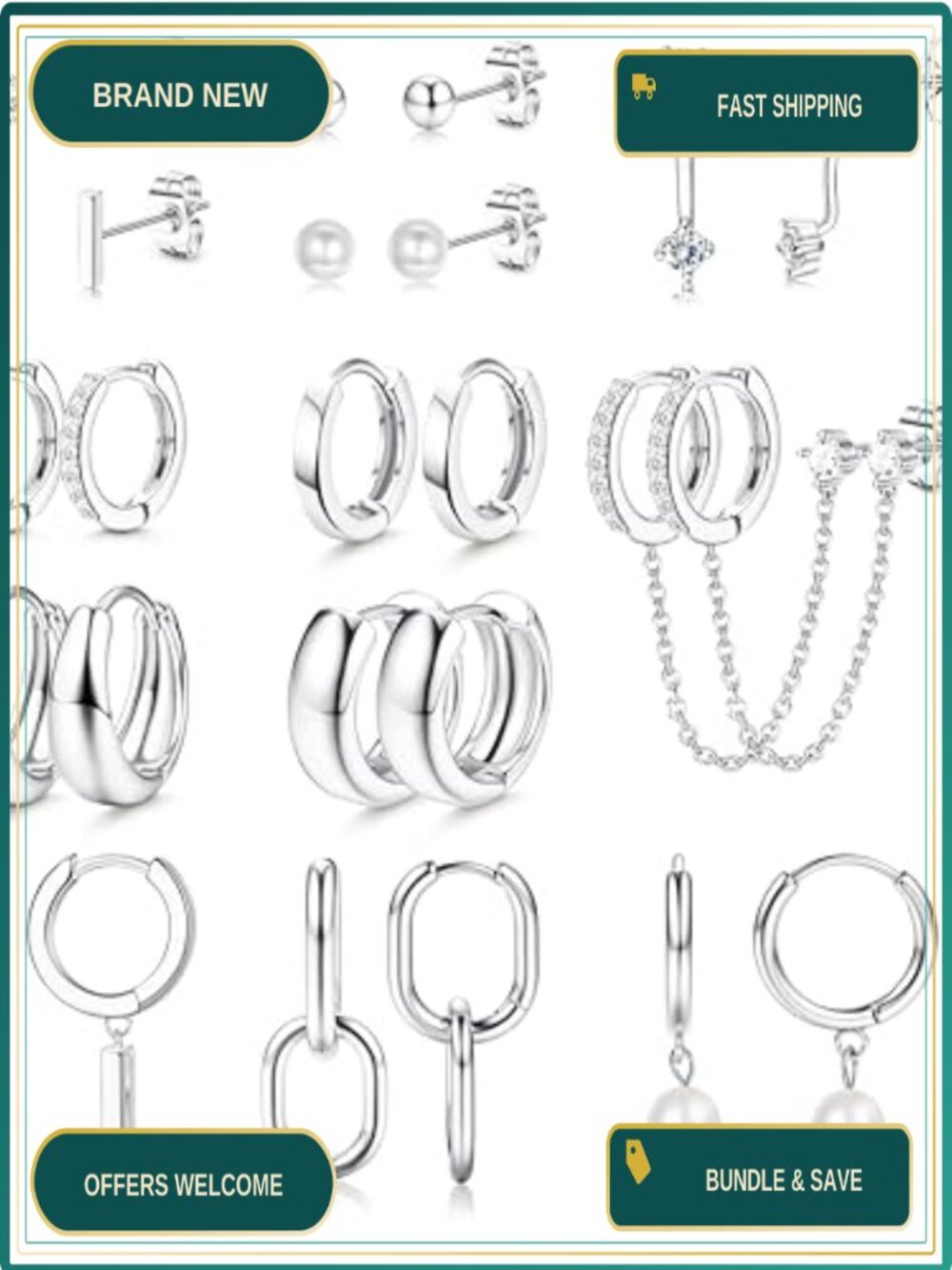 13 Pairs Small Stud Hoop Earrings Set for Women, Gold Plated 14K Hypoallergenic
